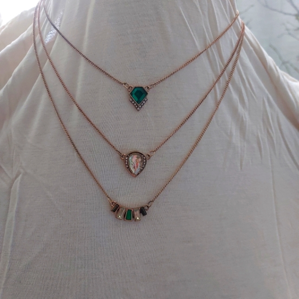 Tri chain necklace with gold green and faux diamonds